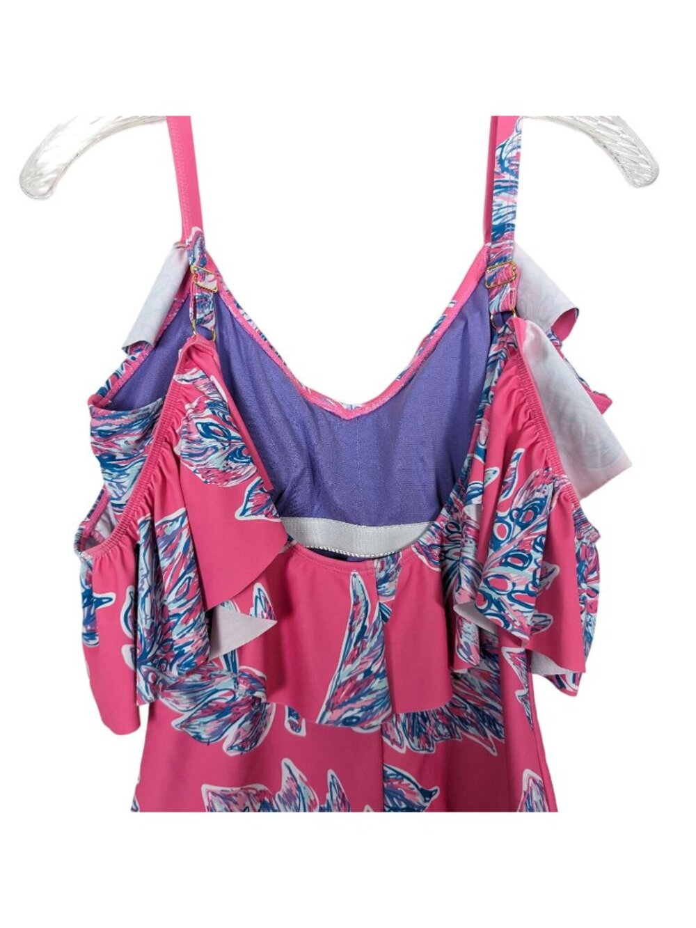 Nicole Miller One piece Leaves print pink blue cold shoulder ruffled Swimsuit S - Picture 11 of 13